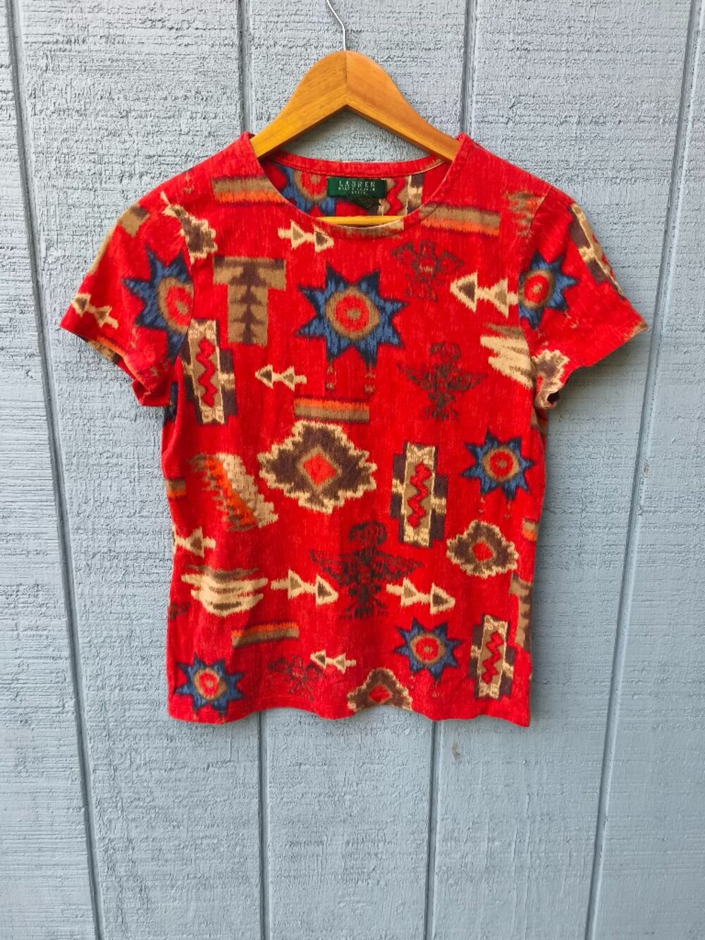 y2k Lauren Ralph Lauren Western Aztec 100% Cotton Short Sleeve Tee sz MP Orange